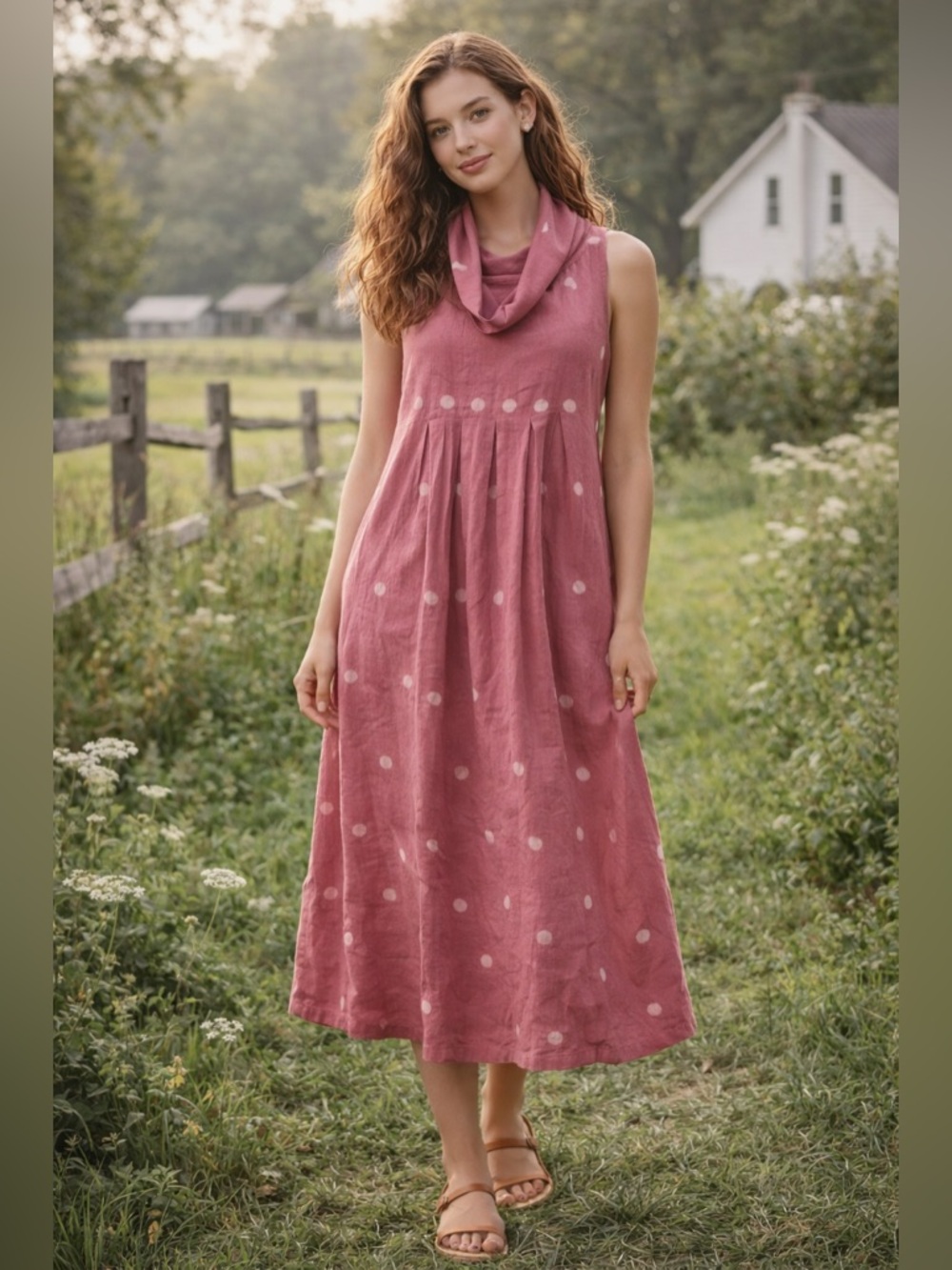 Bombay Paisley Pink Polka Dot Dress L Sleeveless Cowl Neck Cottagecore Boho G